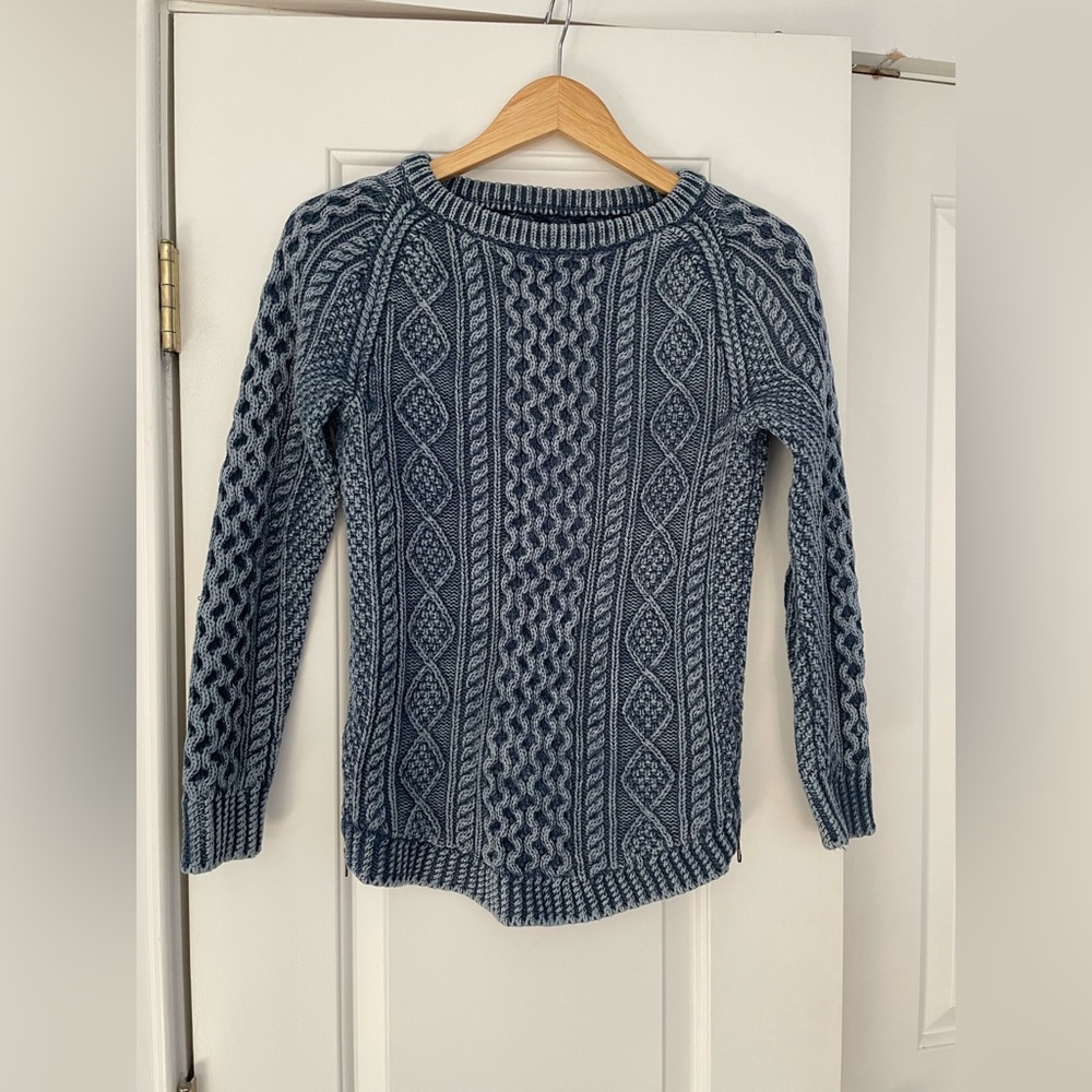 L.L.Bean Signature Cotton Fisherman Tunic Sweater, Washed Denim Navy Blue XXS